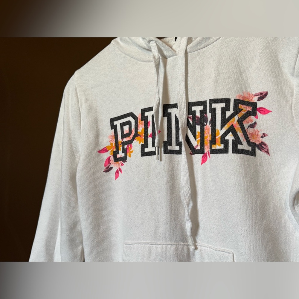 PINK Victoria's Secret White Hoodie with Floral Accents - Picture 3 of 4